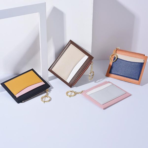 

card holders pu small wallet women's short color contrast patchwork holder ultra-thin zipper, Brown;gray