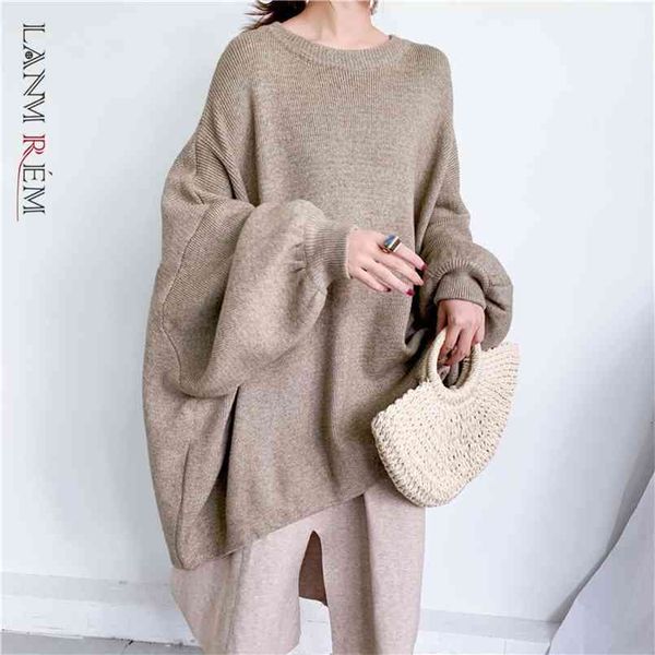 

lanmrem autumn fashion solid color round neck pullover bat sleeve long knit sweater women pb615 210914, White;black