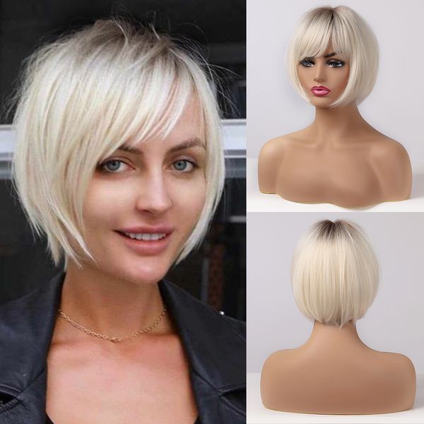 

brown to white ombre short bob wigs synthetic hair for women high temperature fiber cosplay wig natural hair wigs, Black