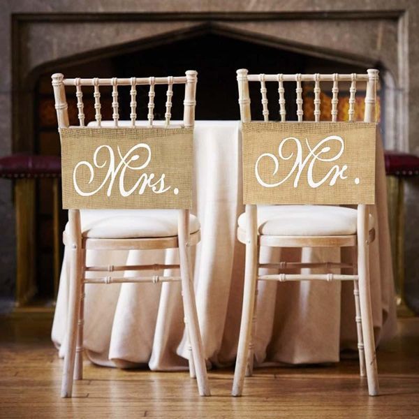 

party decoration 2pcs/set mr mrs burlap banner for chair decor rustic wedding hanging sign flags just married event supplies