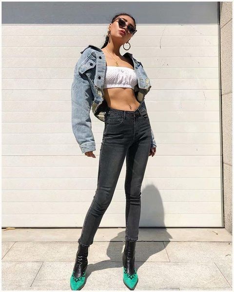 

women's jeans woman black high waist pencil push up zipper leggings, Blue