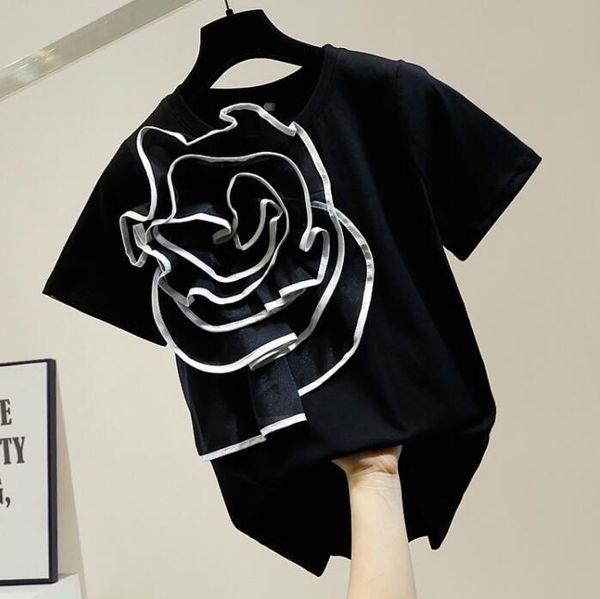 

women's t-shirt summer three-dimensional large flowers decoration short sleeve female fashion floral t shirt ladies, White