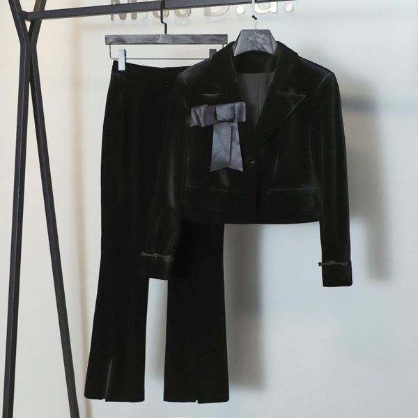 

women's two piece pants 2021 spring autumn fashion women bow velvet jacket coat + causal female chic long trouse suits 2 sets ms 9.30, White