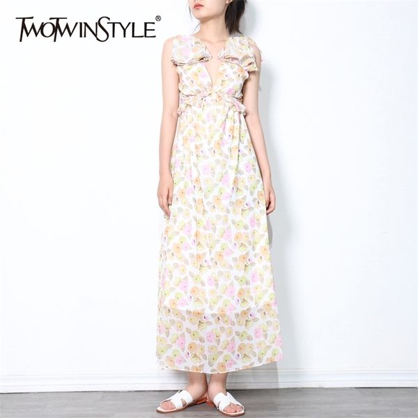 

print patchwork hollow out dress for women v neck sleeveless high waist a line maxi dresses females summer 210520, Black;gray