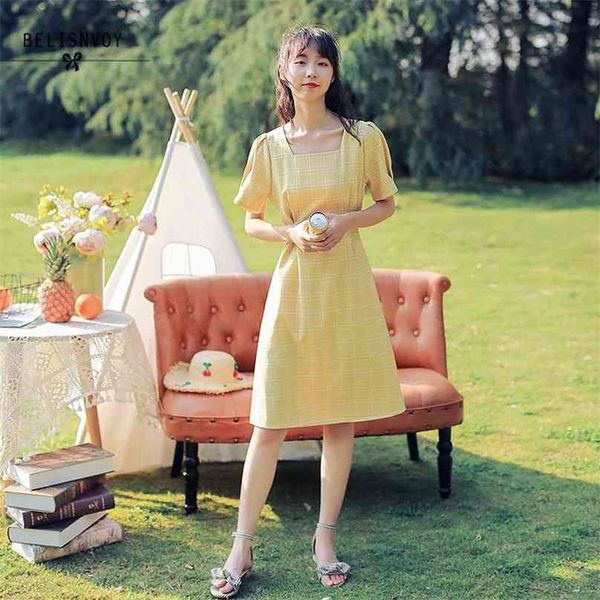 A-line старинные платья продаж женщина летняя половая рукава милая сладкая корея япония стиль дизайн решетка плед платье вечеринка носить 210520