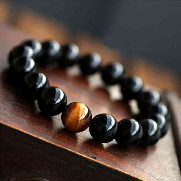 

natural black onyx with tiger eye stone beads men jewelry bracelet 12 constellation leo lovers energy balance, Golden;silver