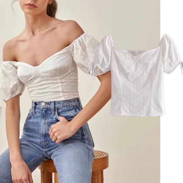 

women's blouses & shirts maxdutti ins fashion shirt women blogger vintage slash neck floral embroidery short blusas mujer de moda 2021, White