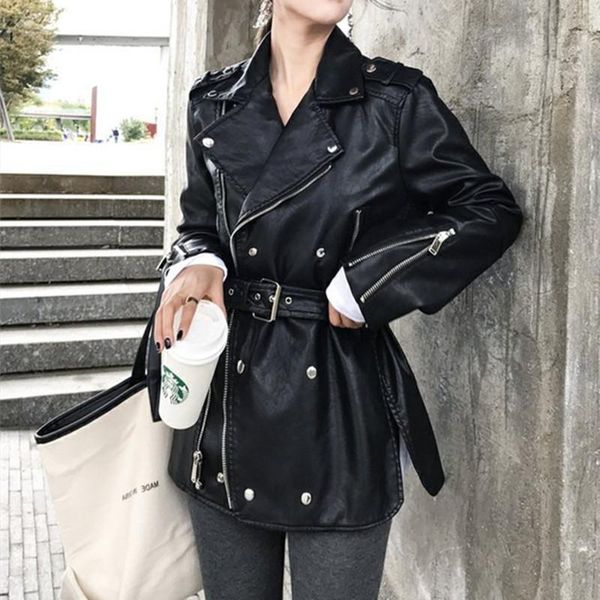 

women's leather & faux turn down collar high imitation coats women fashion solid pu jackets elegant buttons female ladies, Black