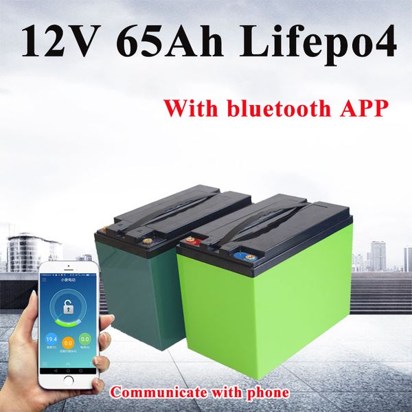 Tragbarer Lifepo4 12V 65Ah Lithium-Akku, Bluetooth BMS für Golfwagen, Camping, Boot, Rollstuhl + 10A Ladegerät