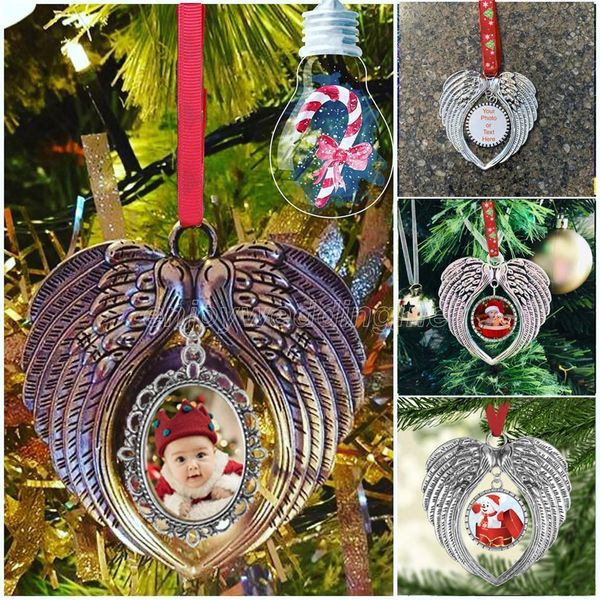 Novo Vindo Sublimação Blanks Decorações de Ornamento de Natal Decorações Anjo Asas Formas em Branco Forma de Coração DIY Fundo Pingente Wll1545