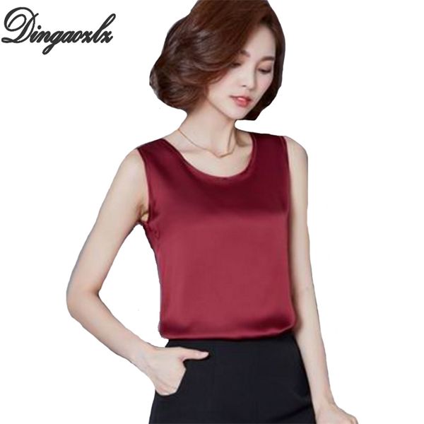 

dingaozlz blusa feminina solid color women sleeveless casual vest shirt fashion chiffon blouse summer lady silk 210517, White
