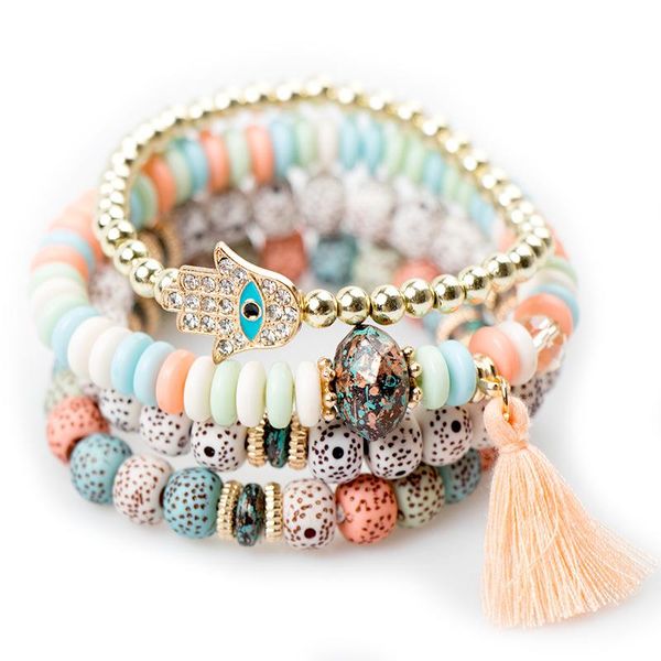 

beaded, strands 4pcs/set bohemian polymer clay plastic beads bracelet for women personality demon eye bracelets boho jewelry mujer pulsera, Black