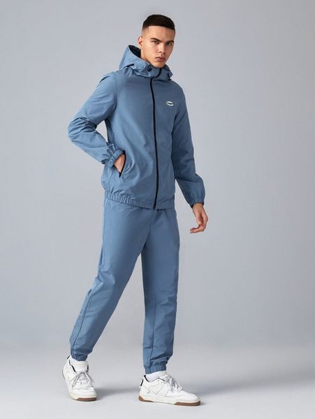 

men letter patched hooded jacket & pants set 768z#, Gray