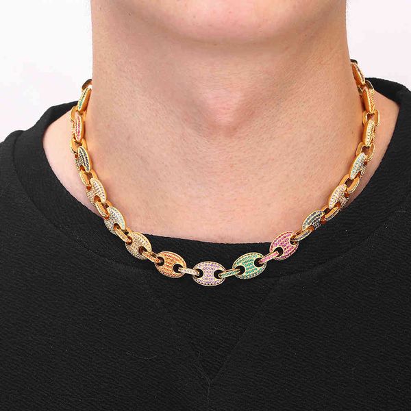 

factory sholesale real gold electroplated hip hop jewelry copper micro inlaid aaa color zircon 12mm pig nose necklace coffee bean chain popu