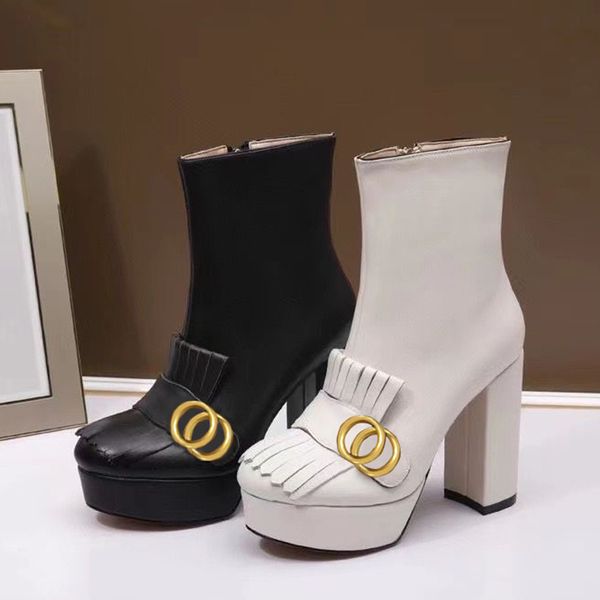 

high heeled boots designer soft cowhide autumn winter coarse heel women shoes 100% real leather zipper fashion metal buckle lady heels 10cm, Black