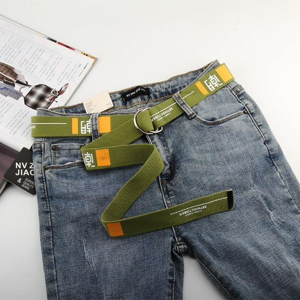 

belts women men canvas letters printed double d ring buckle punk waist strap fashion long wide belt, Black;brown