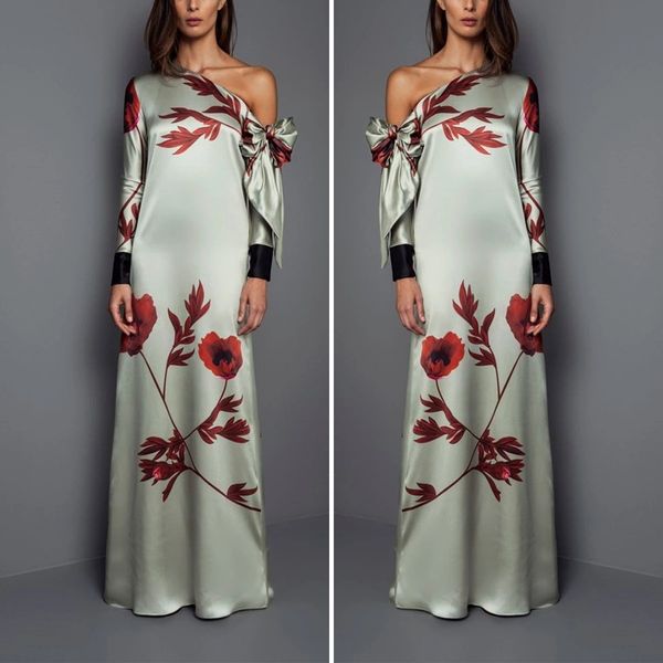 

fashion dress long print stretch bohemian skirt round neck sleeve, Black;pink