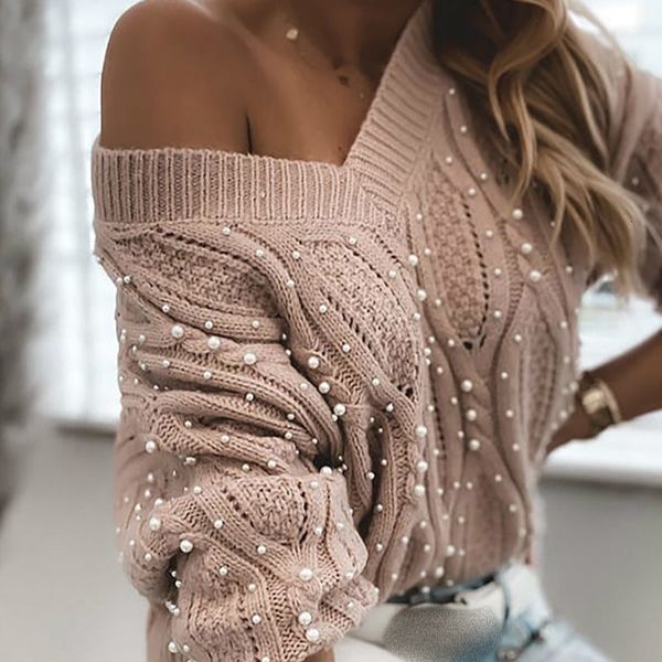 

women's sweaters women winter long sleeve v neck pullover beaded casual autumn fashion cut-out lace-up knit sweater clothing, White;black