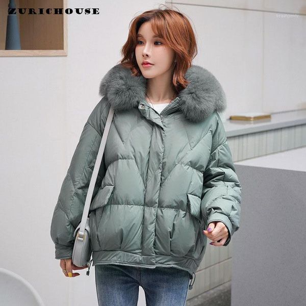 

women's down & parkas zurichouse jacket real fur collar parka 2021 stylish casual warm 90% white duck coat, Black