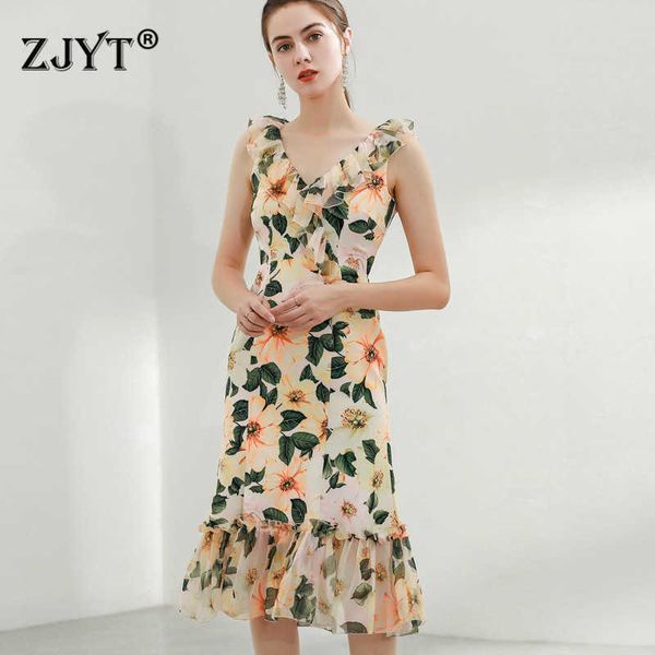 

summer runway fashion v neck floral print sleeveless midi trumpet chiffon dress women bohemian beach robe party vestidos 210601, Black;gray