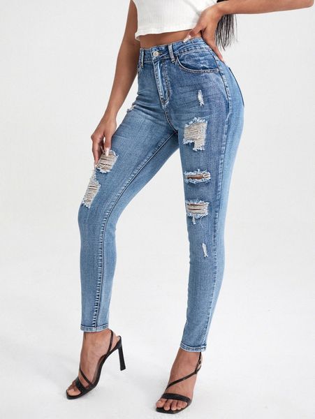 

high waisted ripped skinny jeans x2ea#, Blue