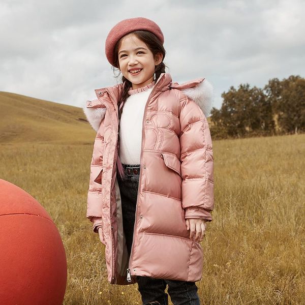 

down coat 3-12y toddler girls long jacket outwear children cotton-padded girl winter clothes warm fur hooed snowsuit kids, Blue;gray
