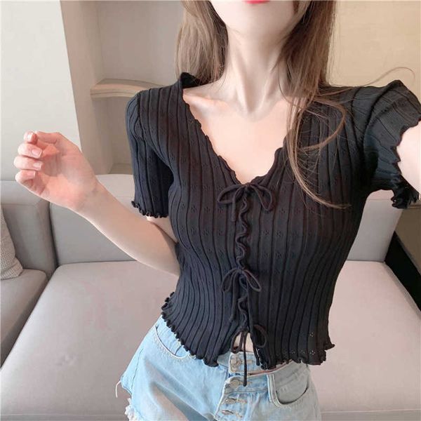 

womengaga summer korean slim ruffle t-shirt v-neck tie short sleeve tees pink female korean cg8n 210603, White