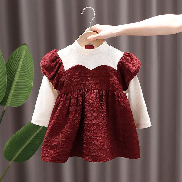 

girl's dresses false 2 pieces baby girl dress 2021 autumn kids clothes puff sleeve princess party christmas little girls clothing, Red;yellow