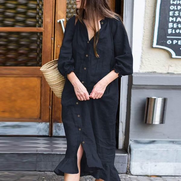 

casual dresses zanzea stylish button ruffle dress women's autumn sundress 3/4 sleeeve midi vestidos female solid robe femme oversized, Black;gray