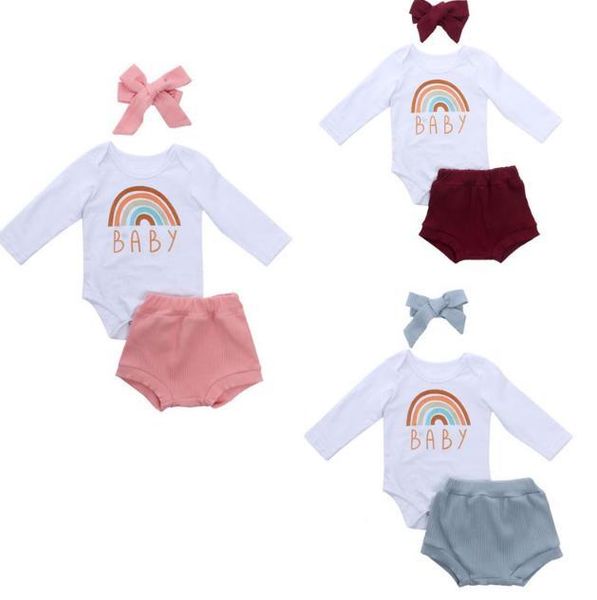

3pcs baby girls outfit set long sleeve rainbow letter print romper and ribbed knitted shorts with bow headband clothing sets, White