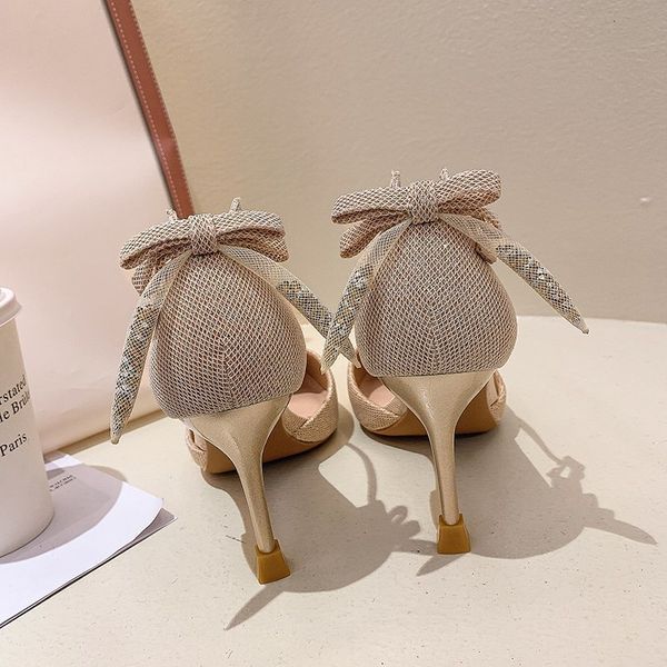 

luxury dress shoes net red high women's thin heels 2021 spring style pointed bow line buckle sandals hollow single sho summer, Black