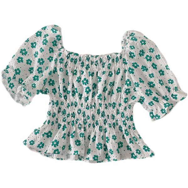 

women's blouses & shirts summer korean style short section square collar floral temperament waist puff sleeve shirt women, White