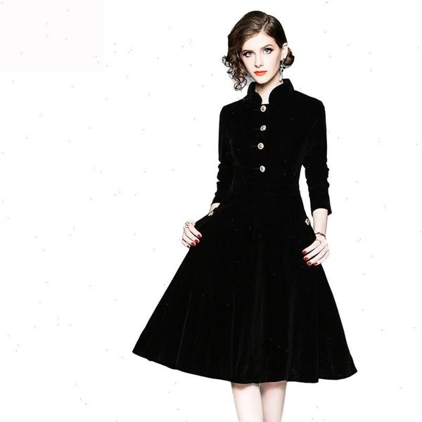 

winter womens dresses clothing women vintage long sleeves gold button pocket ladies office casual robe dresse plus size black velvet, Black;gray
