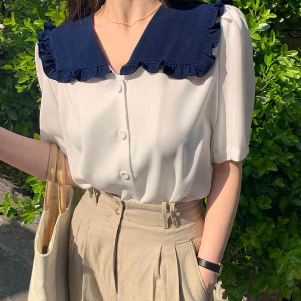 

women's blouses & shirts female sweter with silor collr, summer shirt short sleeve frills, jpnese style, by11, White