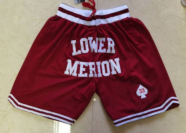 #33 Lower Merion Basketball-Shorts, genähte High School Lower Merion-Shorts mit roten Taschen