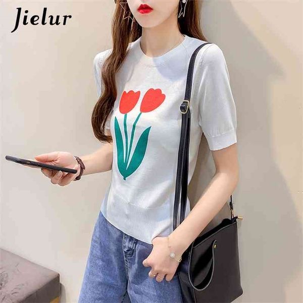 

print floral t shirt women short sleeve knitted tshirt elastic korean slim basic chic o-neck summer t-shirt white 210426