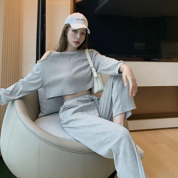 

spring women tracksuit 2 piece set fashion off shoulder chain short sweatshirt suits + casual wide leg pants women's two, White