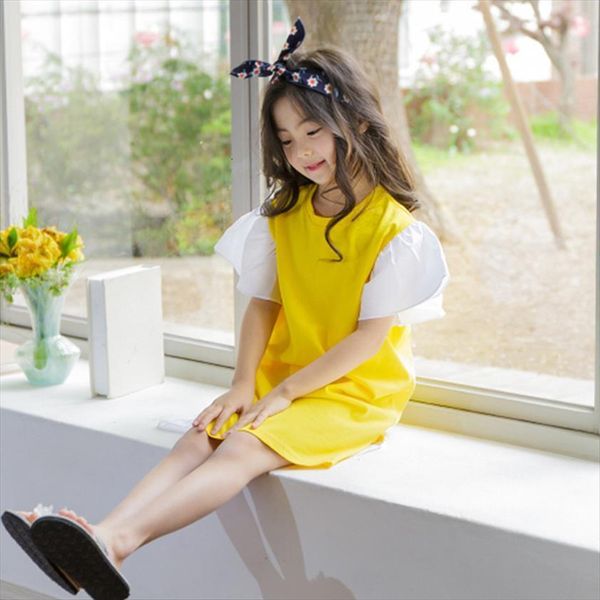 

4 to 14 summer girls cotton t shirt dress flare sleeve children patchwork toddler clothes, 2679, Blue