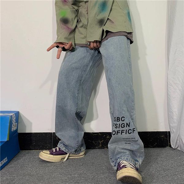 

women's jeans 2021 women big street style retro print hip hop wide leg straight baggy vintage y2k, Blue