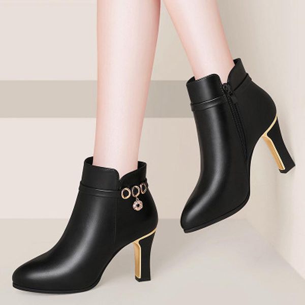

fashion rhinestone high-heeled women's leather boots for fall/winter style pointed side zipper mid-tube dress shoes, Black