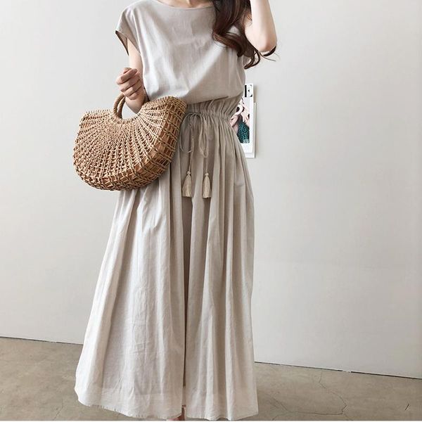 

casual dresses 2021 summer waist loose 5xl plus cotton and linen long dress for women o-neck normcore/minimalist draw string mid-calf, Black;gray