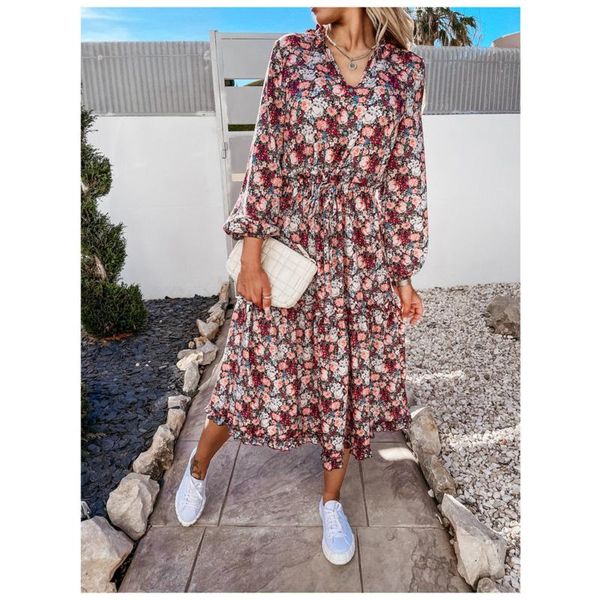 

casual dresses floral boho print dress 2021 fashion summer spring v neck beach sundress elegant party midi ruffles robe, Black;gray