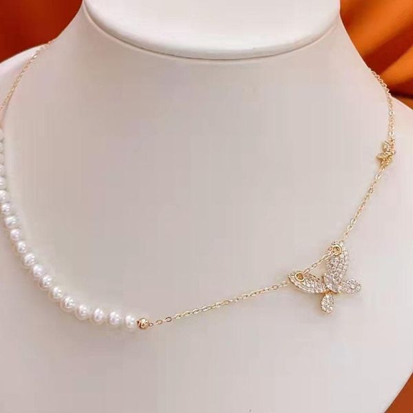 

pendant necklaces 2021 butterfly necklace for women clavicle chain jewelry on the neck 4-5mm freshwater pearl 14k gold injection, Silver