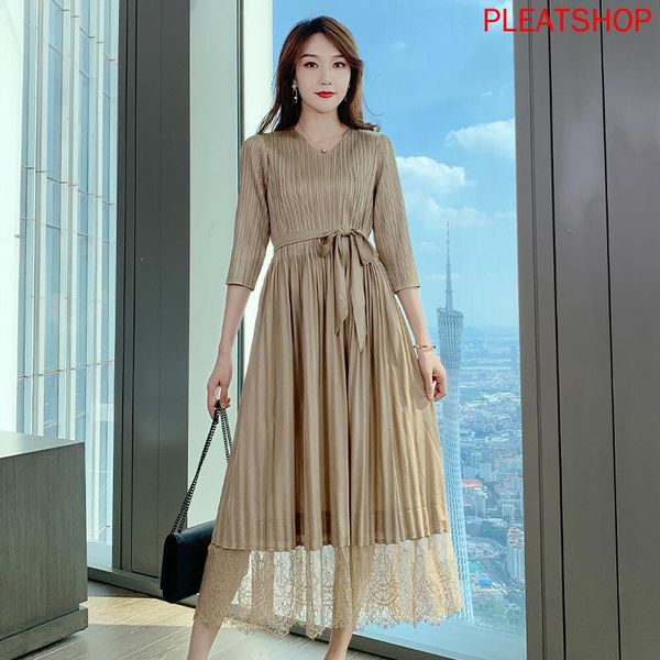 

korean style lacing dress female elegant lace stitching loose miyake folds autumn women's clothing shein pleats casual dresses, Black;gray