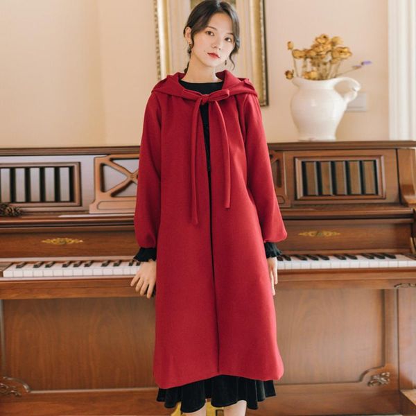 

women's wool & blends vintage mori girl solid red overcoat hepburn style long hooded cloak woolen coat lace-up winter outwear retro ble, Black