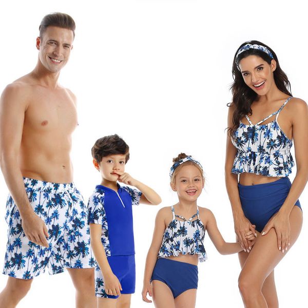 Família Olhar Swimsuit Mamãe e Me Roupas Pai Filho Beach Shorts Mãe Filha Bikini Swimwear Casal Correspondência 210429