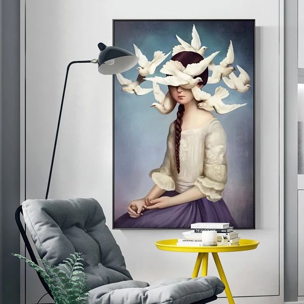 Moderna Paz Dove Sky Santy Face Pintura de lona para sala de estar meninas sala arte fotos de parede arte pombo casa hd