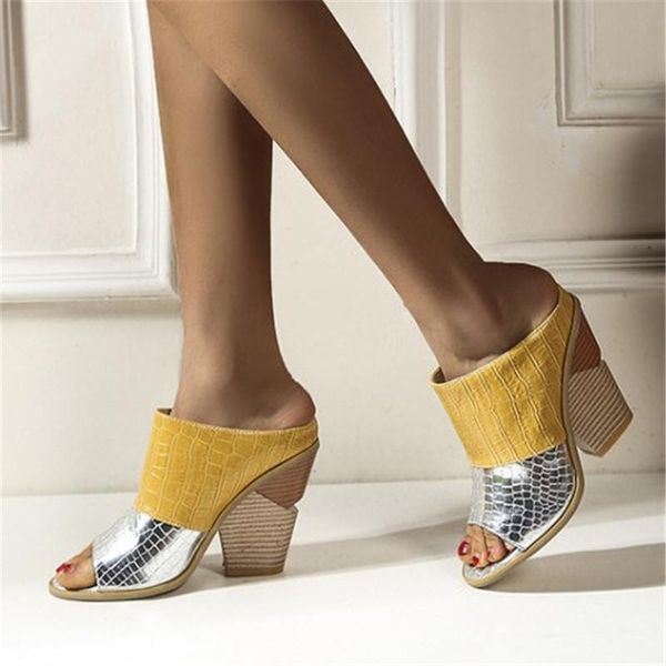 

slippers pxelena punk rock chunky block strange high heels slides women open toe mixed color snake print summer gothic lady 2021, Black