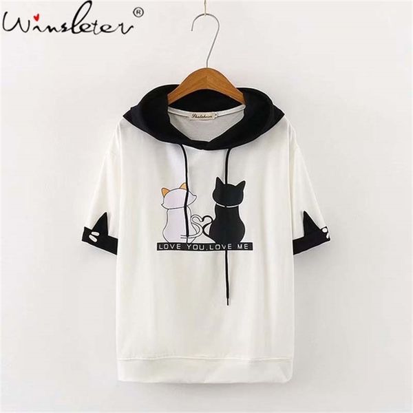

summer cute print cat sweatshirt cotton japanese loose casual lace up hooded with short sleeves black white c08502l 210421