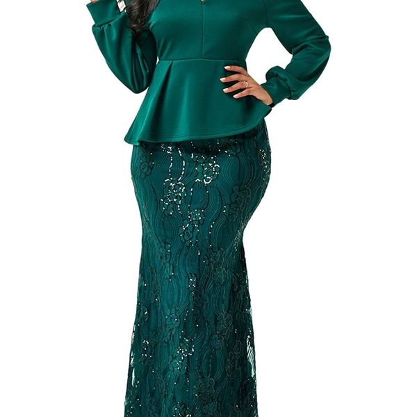 

vazn new chic 2021 spring lady 3 colors long dress full sleeve ruffles ankle-length trumpet dress lady special party dress, Black;gray